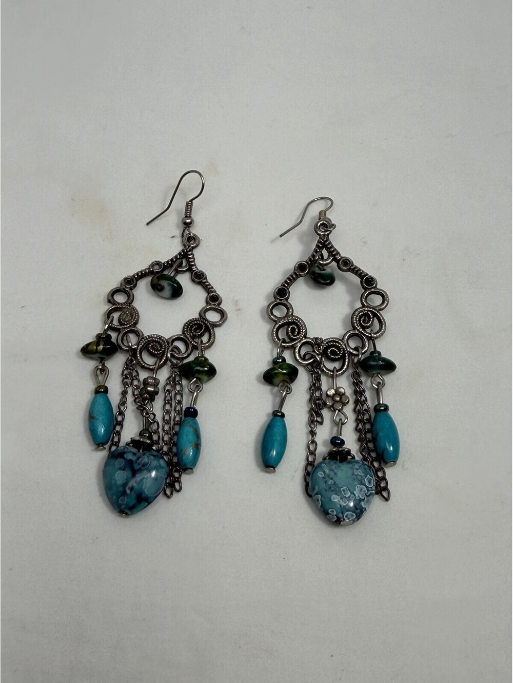 Vintage Bohemian Faux Turquoise Heart Chandelier Earrings